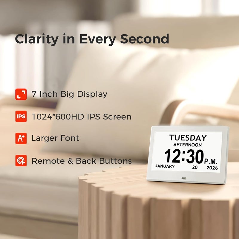 Pastigio 7'' Digital Clock, Dementia Clock With Date And Time, 10 Reminders, 6 Alarms, Auto-Dimming, Auto DST, Remote Control, Large Display Alarm Clock For Seniors, Gifts For People With Dementia, White - Image 2